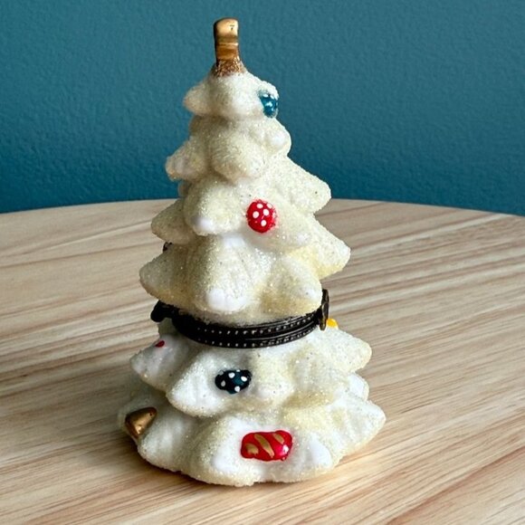 Vintage White Christmas Tree Trinket Box With Ornaments  Gold Star Glitter Keeps - Picture 3 of 10